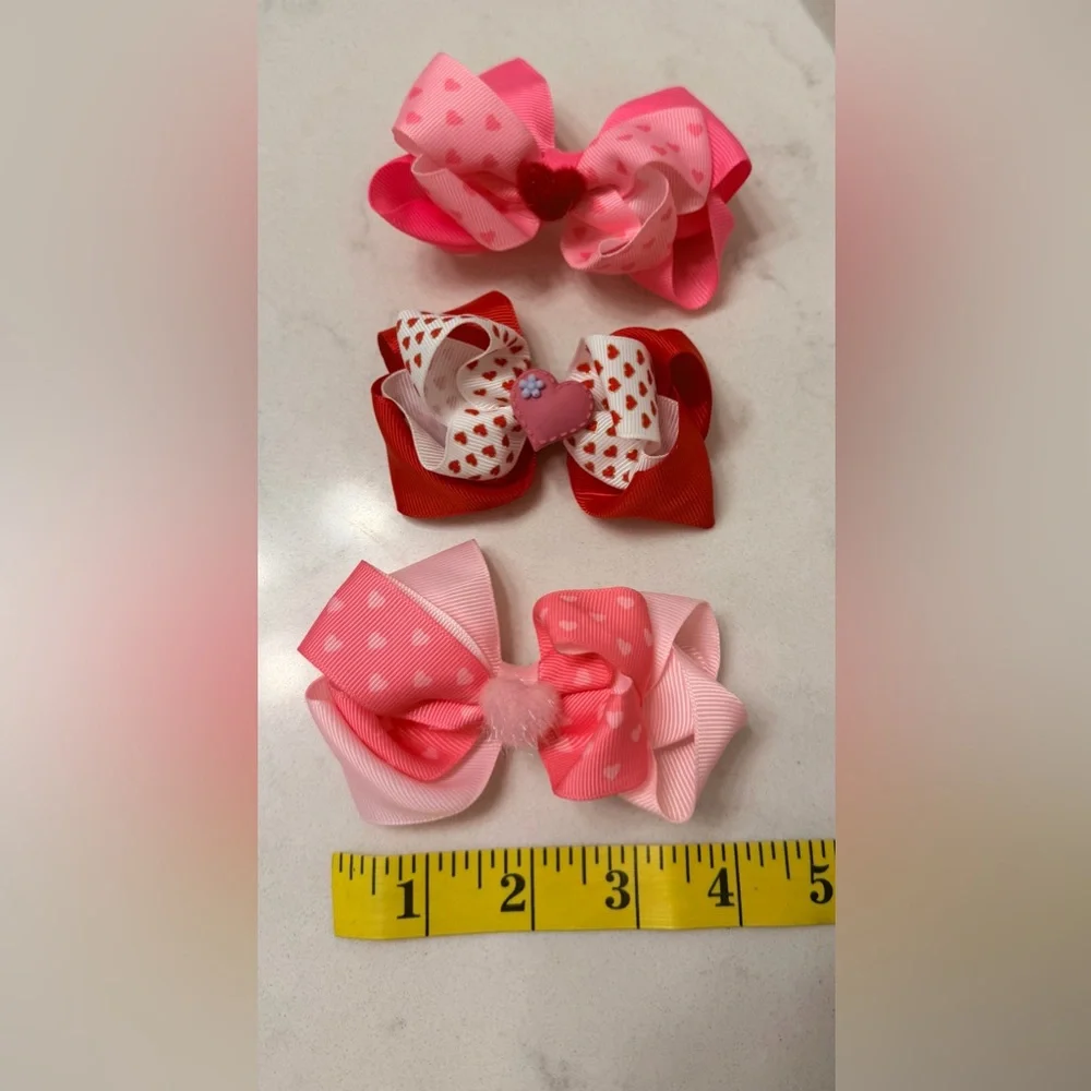 Pink & Red Heart Hair Bows Valentine's Day Hair Bow Set - All 3 Included NWOT
